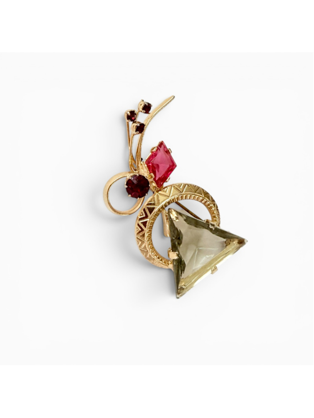 Vintage Austrian Brooch 1940s, Large Smoky Gray Glass Rhinestone Pin, Pink Ruby - Picture 3 of 8